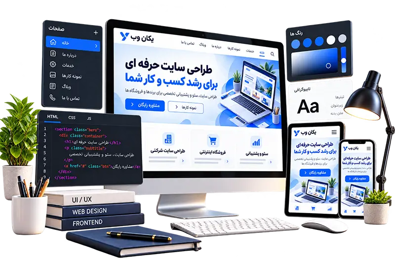 نمای سه بعدی طراحی سایت یکان وب روی نمایشگر رایانه، تبلت و موبایل